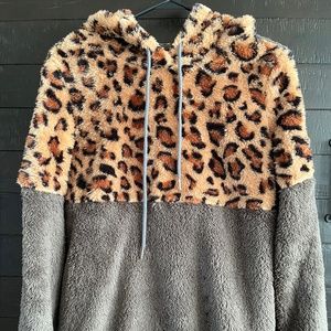 SHEIN Leopard Pattern Drawstring Hooded Teddy Sweatshirt - Size S